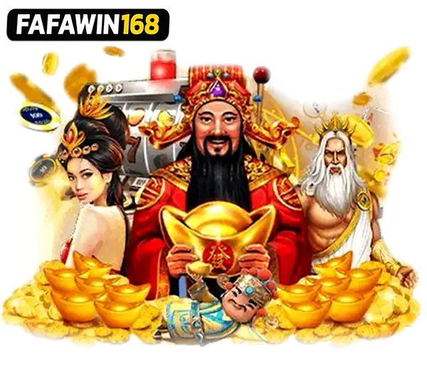 FAFAWIN168 เทพเจ้าแห่งโชคลาภ ท่านเจ้าแม่ กวนอู และเทพเจ้า พร้อมสาวสวยกับกองทองคำอิฐและเหรียญ