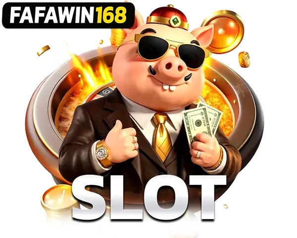 FAFAWIN168 SLOT หมูการ์ตูนใส่สูทถือเงินดอลลาร์ยกนิ้ว thumbs up หน้าล้อสล็อต